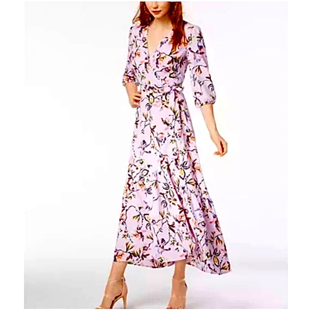 BAR III Floral Wrap Maxi Ruffle Dress Size M Flounce High Low Hem Light Purple